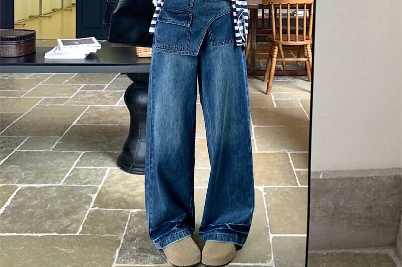Black Mid Rise Washed Skirt Overlay Wide Leg Jeans - Altfashion Shop