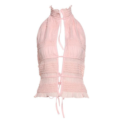 Ruffled Open-Back Halter Crop Tank