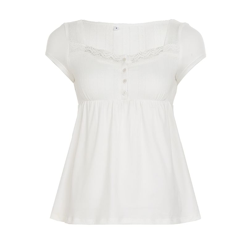 Lace-Trimmed Square Neck Babydoll with Half-Button Front