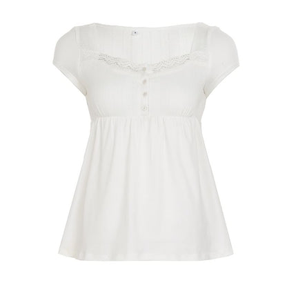 Lace-Trimmed Square Neck Babydoll with Half-Button Front