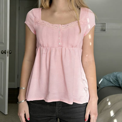 Lace-Trimmed Square Neck Babydoll with Half-Button Front