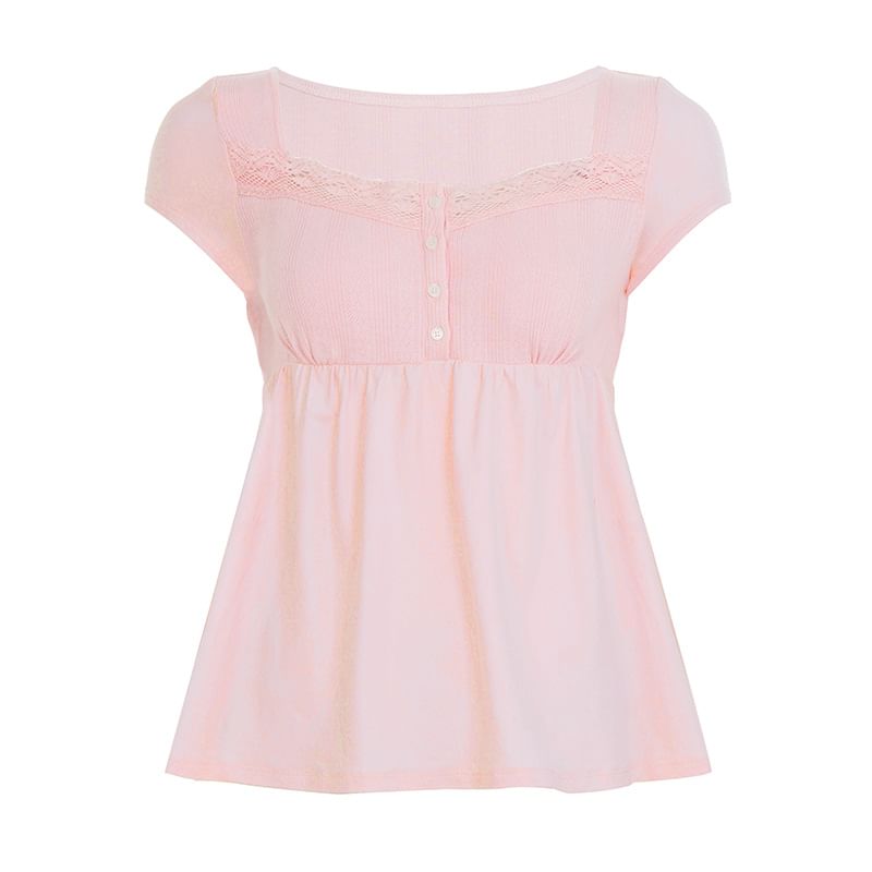 Lace-Trimmed Square Neck Babydoll with Half-Button Front