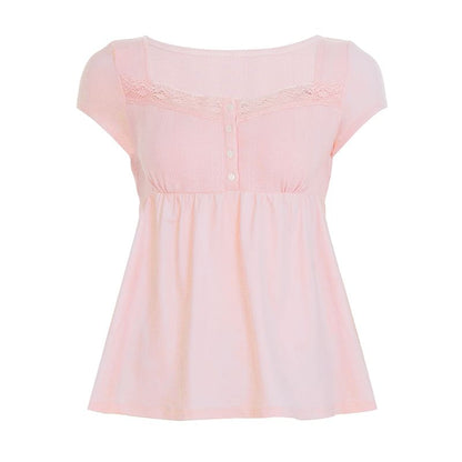 Lace-Trimmed Square Neck Babydoll with Half-Button Front