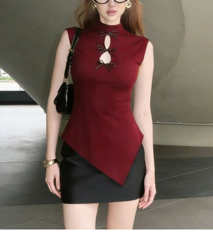 Asymmetric Cut-Out Mock Neck Fitted Tank Top
