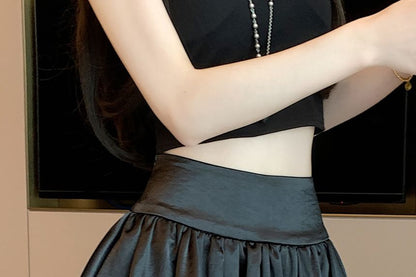 Black High-Waisted Satin Bubble Hem Mini A-Line Skirt - Altfashion Shop