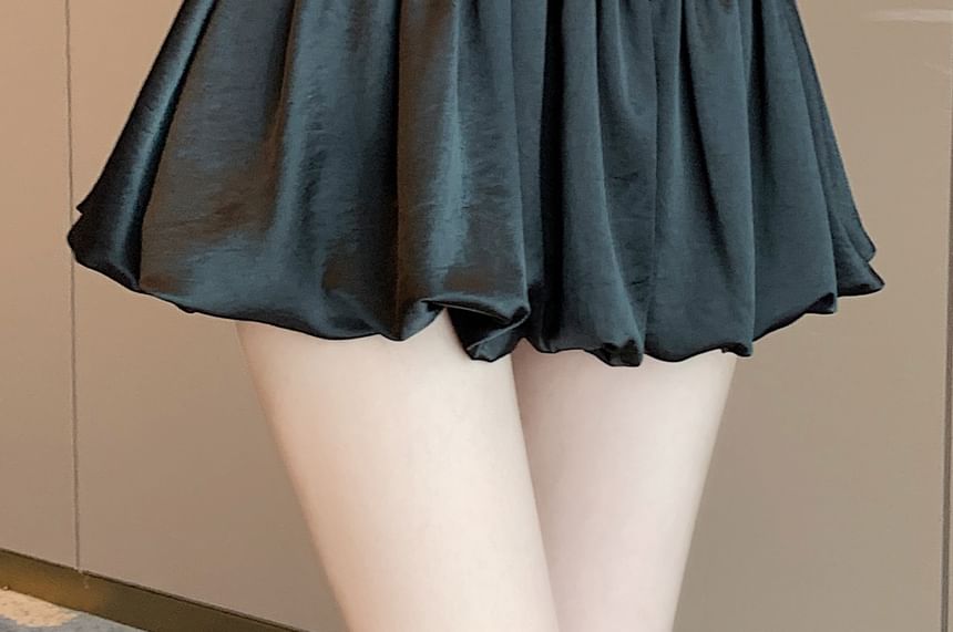 Black High-Waisted Satin Bubble Hem Mini A-Line Skirt - Altfashion Shop
