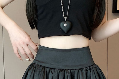 Black High-Waisted Satin Bubble Hem Mini A-Line Skirt - Altfashion Shop
