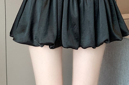 Black High-Waisted Satin Bubble Hem Mini A-Line Skirt - Altfashion Shop