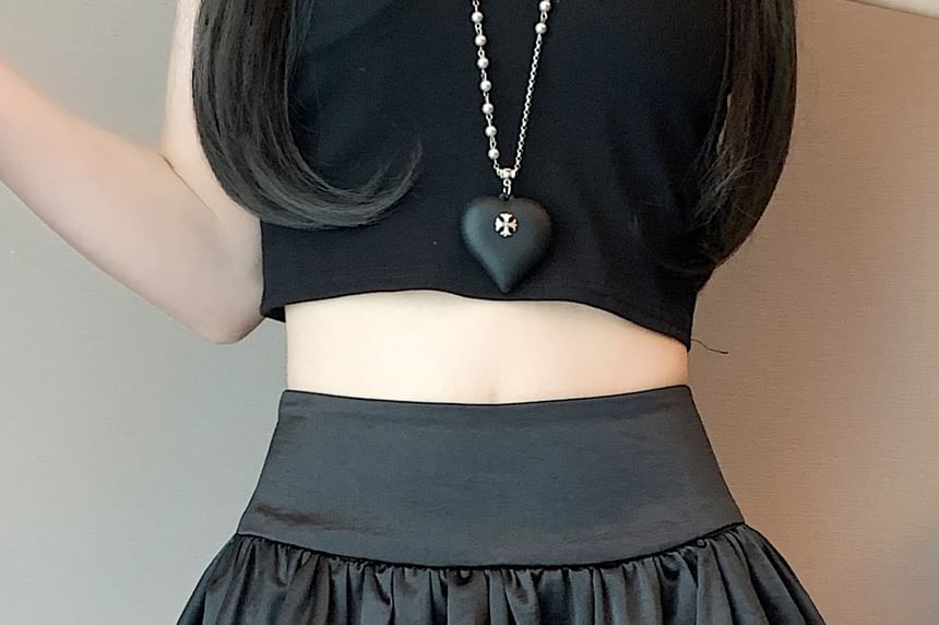 Black High-Waisted Satin Bubble Hem Mini A-Line Skirt - Altfashion Shop