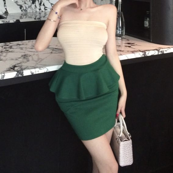 Black Strapless Tube Top with Ruffled Mini Pencil Skirt - Altfashion Shop
