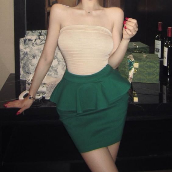Black Strapless Tube Top with Ruffled Mini Pencil Skirt - Altfashion Shop