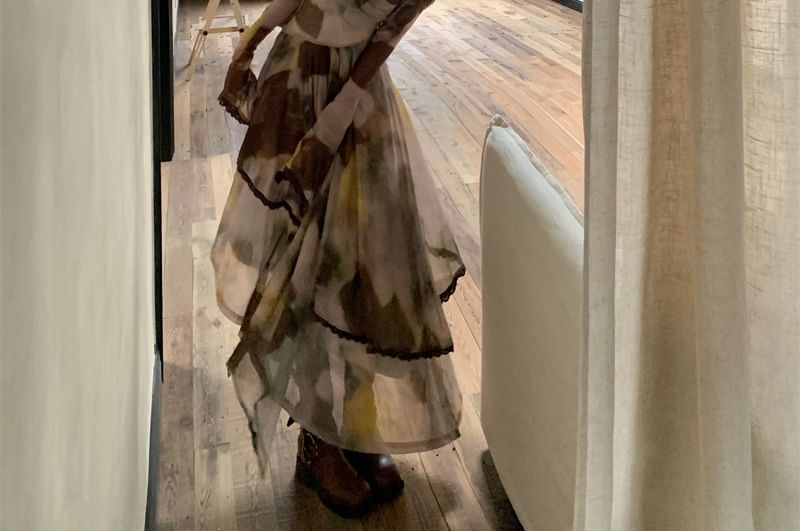 Long-Sleeve Off Shoulder V-Neck Twisted Ruched Maxi A-Line Dress