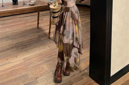 Long-Sleeve Off Shoulder V-Neck Twisted Ruched Maxi A-Line Dress