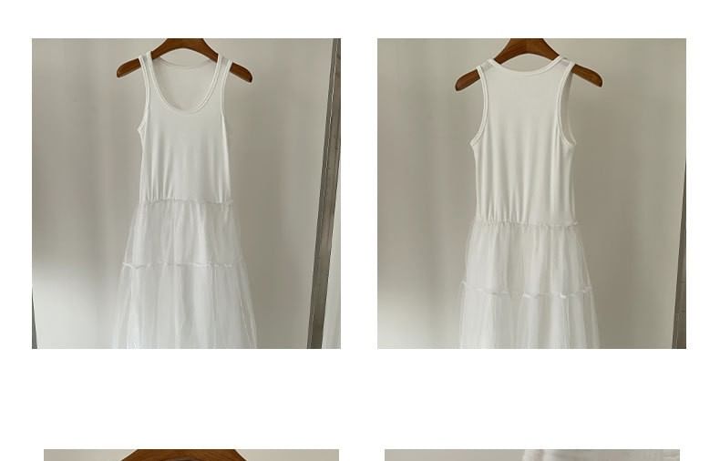 Scoop Neck Plain Panel Mesh Maxi A-Line Tank Dress