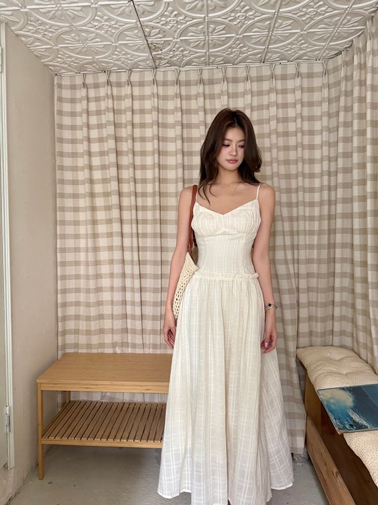 Spaghetti Strap V-Neck Plain Maxi A-Line Dress