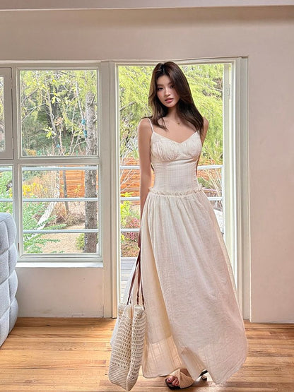 Spaghetti Strap V-Neck Plain Maxi A-Line Dress