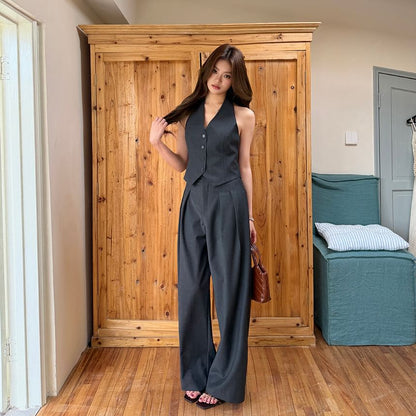 Sleeveless V-Neck Button Blouse with High-Waist Wide-Leg Trousers