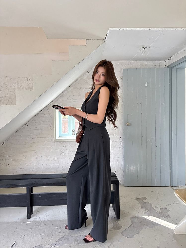 Sleeveless V-Neck Button Blouse with High-Waist Wide-Leg Trousers