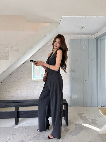 Sleeveless V-Neck Button Blouse with High-Waist Wide-Leg Trousers