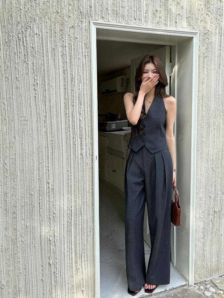 Sleeveless V-Neck Button Blouse with High-Waist Wide-Leg Trousers