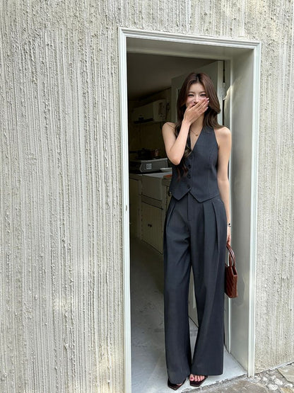 Sleeveless V-Neck Button Blouse with High-Waist Wide-Leg Trousers