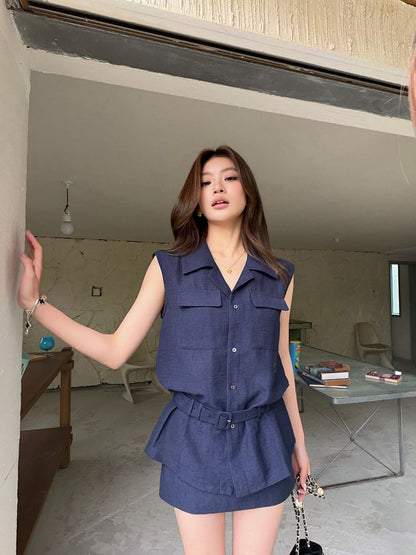 Button-Up Shirt with Mini Skirt and Belt Set