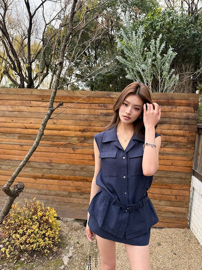 Button-Up Shirt with Mini Skirt and Belt Set