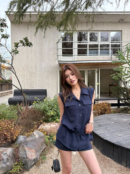Button-Up Shirt with Mini Skirt and Belt Set