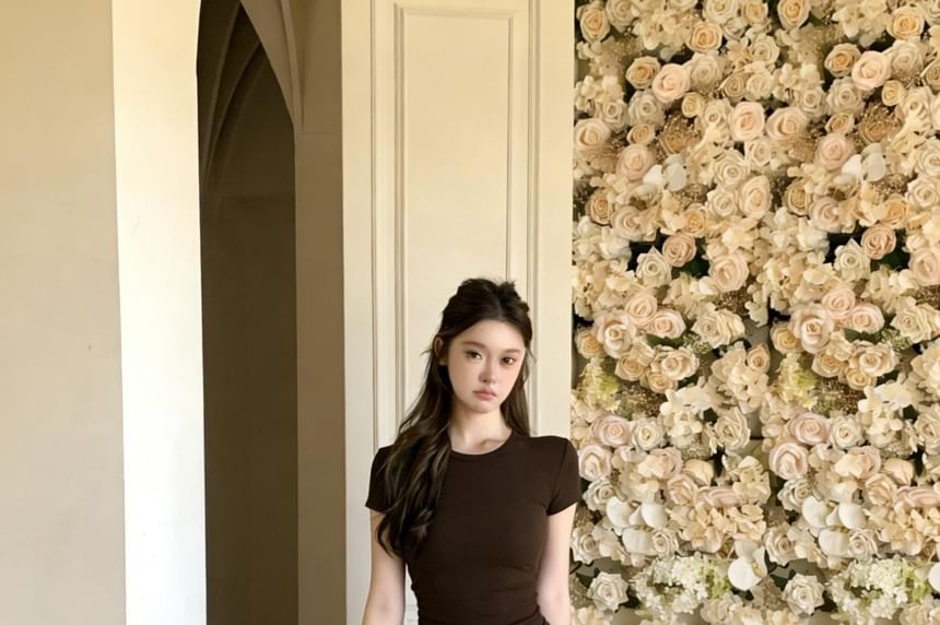 Casual Crew Tee with Sheer Dotted A-Line Mini Skirt Set