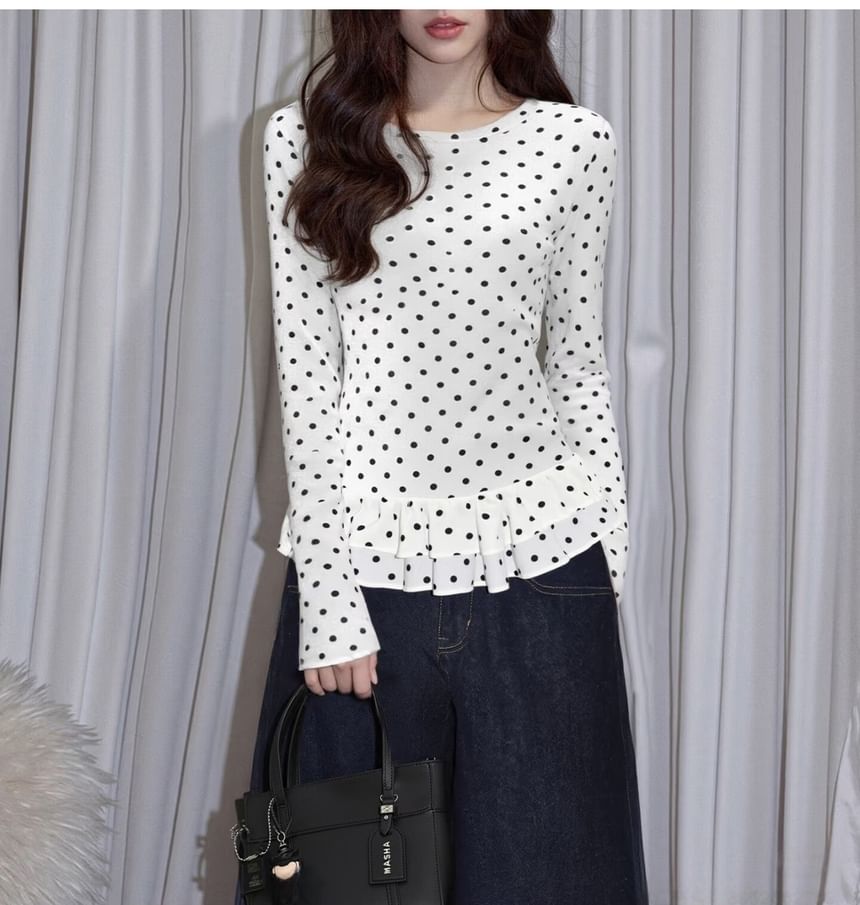 Long-Sleeve Polka Dot Ruffle Cropped Knit Top