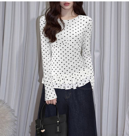 Long-Sleeve Polka Dot Ruffle Cropped Knit Top
