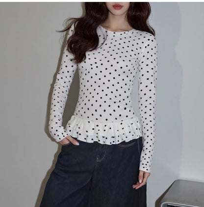 Long-Sleeve Polka Dot Ruffle Cropped Knit Top