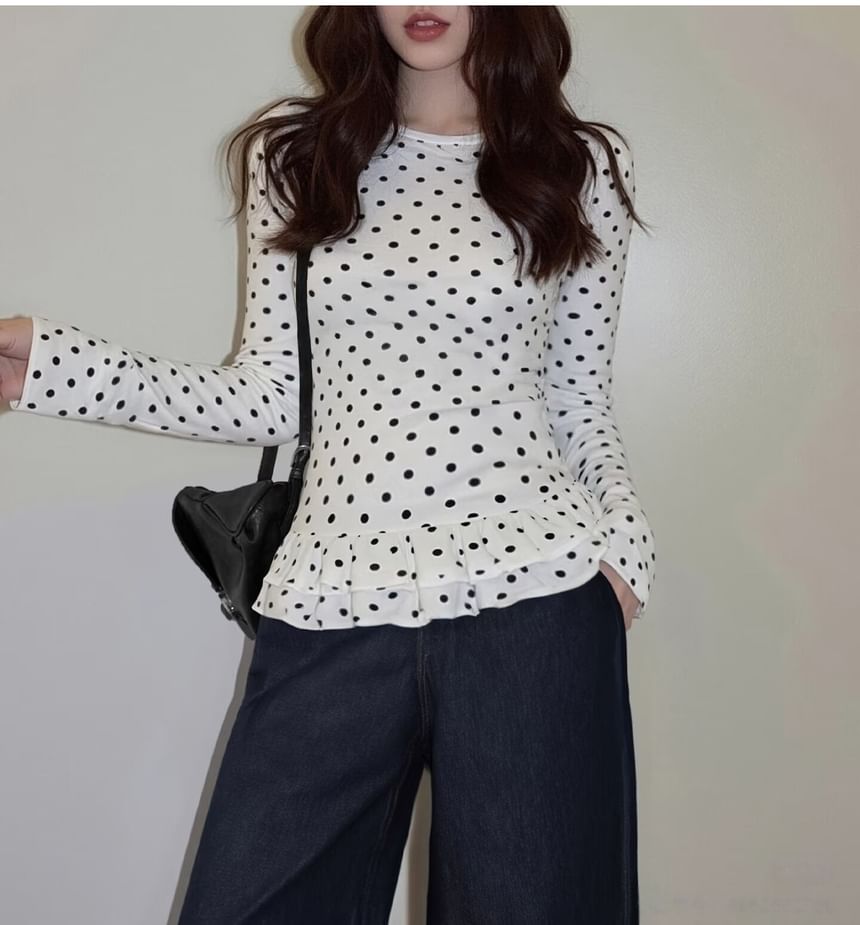 Long-Sleeve Polka Dot Ruffle Cropped Knit Top