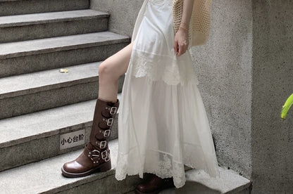 Sleeveless V-Neck Lace Panel Button-Up Slit Maxi A-Line Dress