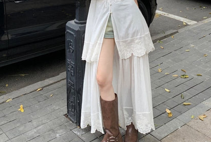 Sleeveless V-Neck Lace Panel Button-Up Slit Maxi A-Line Dress