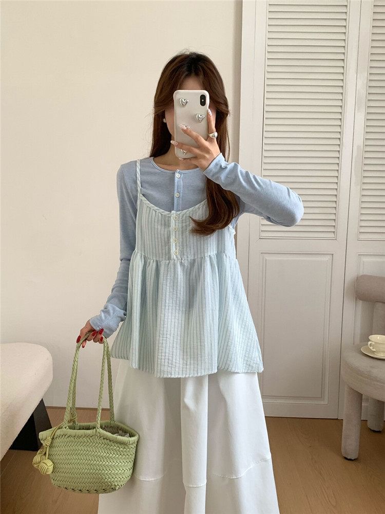 Crew Neck Button-Up Plain Cardigan / Striped Camisole Top / High Waist Maxi A-Line Skirt / Set