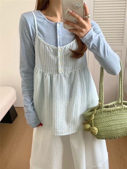 Crew Neck Button-Up Plain Cardigan / Striped Camisole Top / High Waist Maxi A-Line Skirt / Set