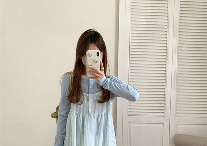 Crew Neck Button-Up Plain Cardigan / Striped Camisole Top / High Waist Maxi A-Line Skirt / Set
