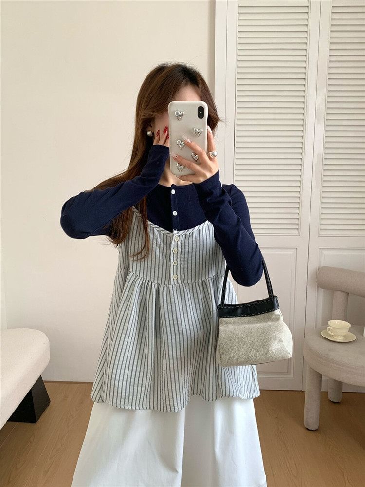 Crew Neck Button-Up Plain Cardigan / Striped Camisole Top / High Waist Maxi A-Line Skirt / Set