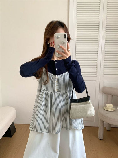 Crew Neck Button-Up Plain Cardigan / Striped Camisole Top / High Waist Maxi A-Line Skirt / Set