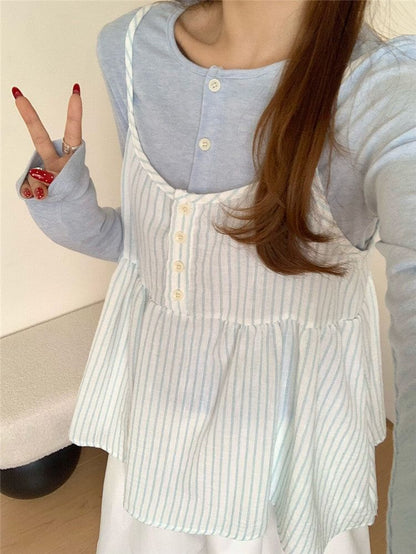 Crew Neck Button-Up Plain Cardigan / Striped Camisole Top / High Waist Maxi A-Line Skirt / Set