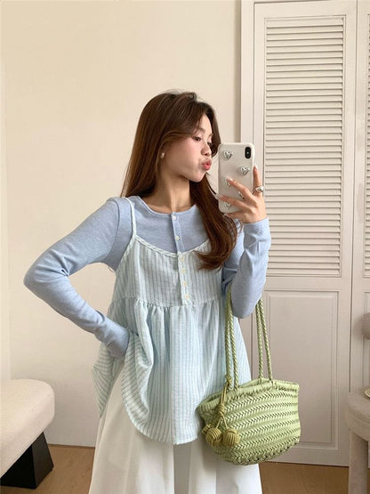 Crew Neck Button-Up Plain Cardigan / Striped Camisole Top / High Waist Maxi A-Line Skirt / Set