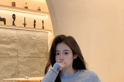 Striped Contrast Trim Crew Neck Long Sleeve Tee