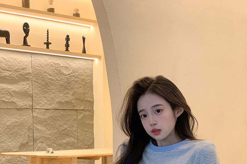 Striped Contrast Trim Crew Neck Long Sleeve Tee