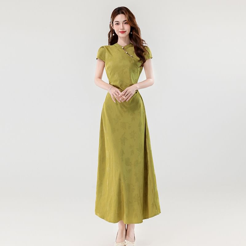 Cap Sleeve Mandarin Collar Faux Pearl Button Jacquard Maxi A-Line Dress