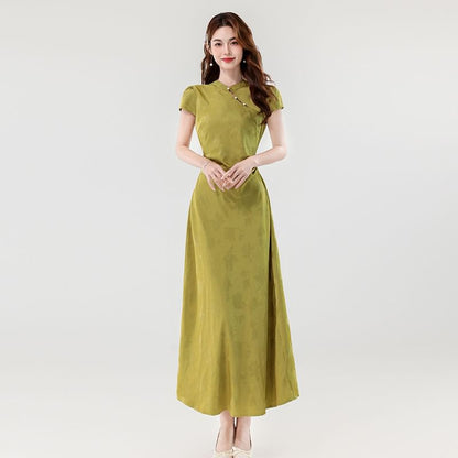 Cap Sleeve Mandarin Collar Faux Pearl Button Jacquard Maxi A-Line Dress