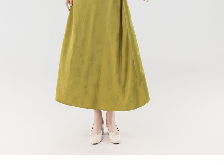 Cap Sleeve Mandarin Collar Faux Pearl Button Jacquard Maxi A-Line Dress