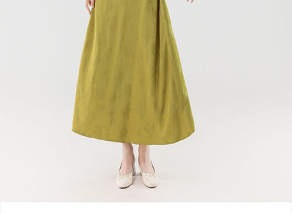Cap Sleeve Mandarin Collar Faux Pearl Button Jacquard Maxi A-Line Dress