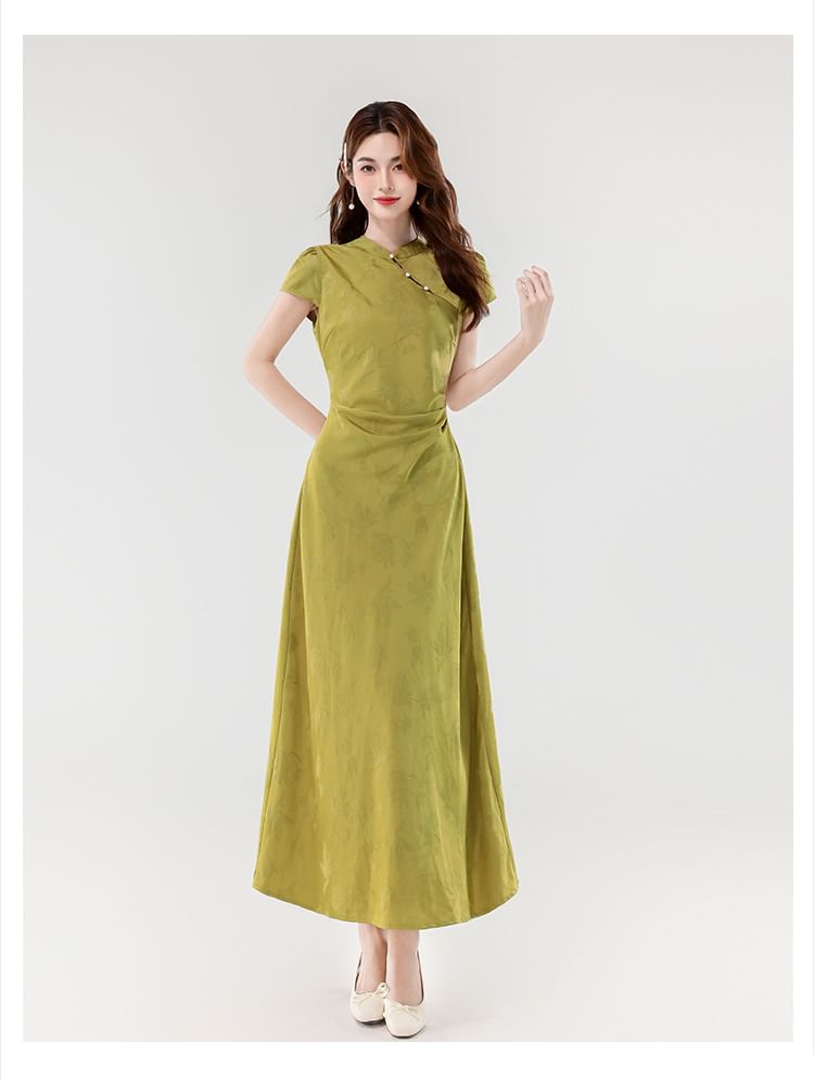Cap Sleeve Mandarin Collar Faux Pearl Button Jacquard Maxi A-Line Dress