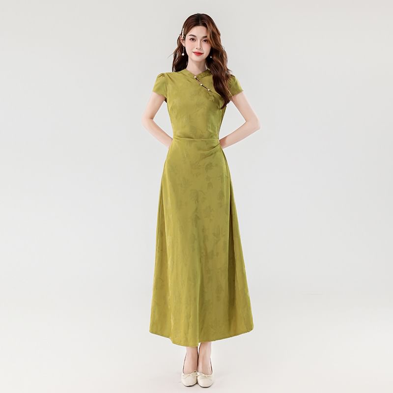 Cap Sleeve Mandarin Collar Faux Pearl Button Jacquard Maxi A-Line Dress